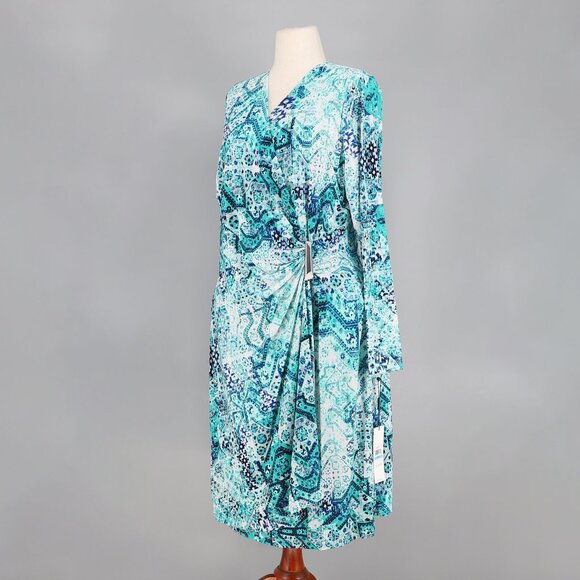 NWT CALVIN KLEIN Faux Wrap Stretch Sheath Dress Printed Blue Multi Size 20W - Picture 3 of 10